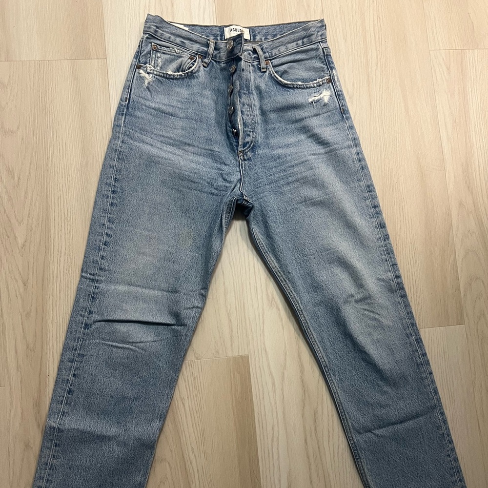Agolde Blue High Rise Jeans with Distressed Knee